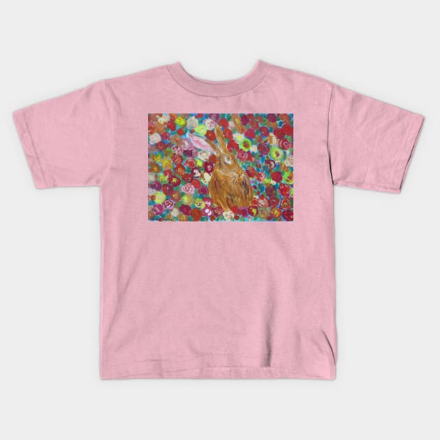 Hare among Roses Kids T-Shirt by Casimirasquirkyart